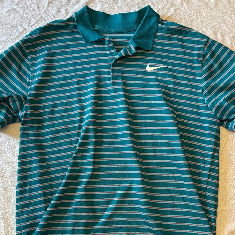 Nike Men's Teal and Pink Striped Polo